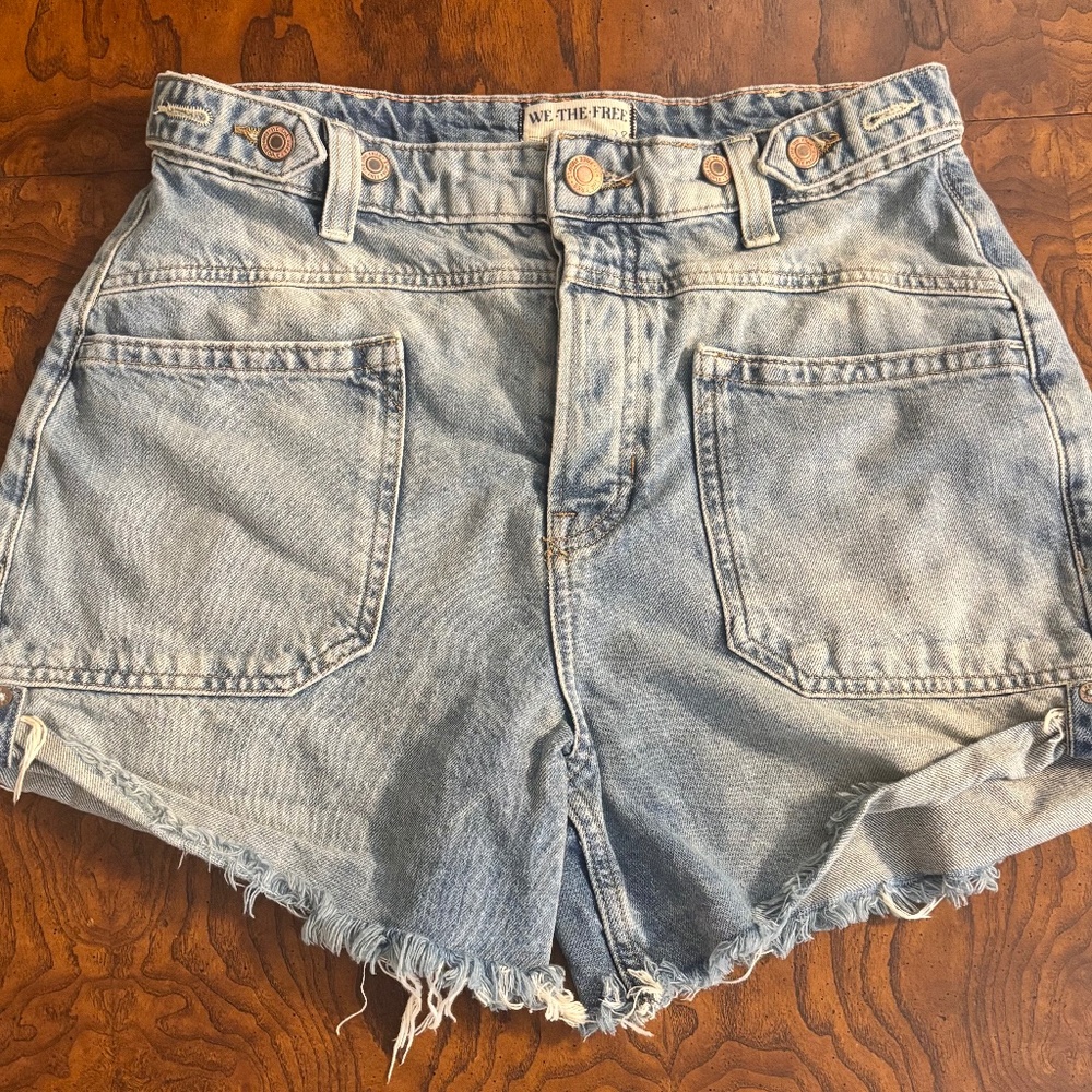 We The Free Light Blue High-Rise Distressed Denim Shorts